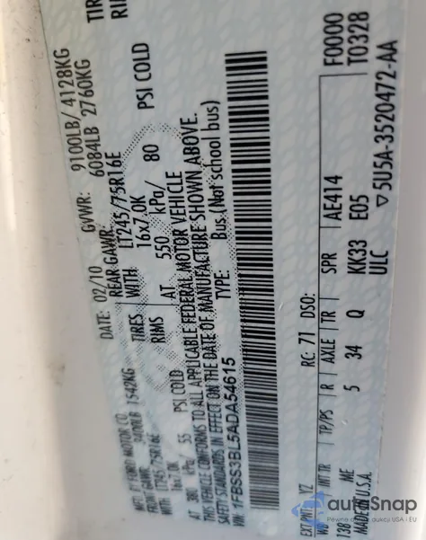 2010 Ford Econoline E350 Super Duty Wagon из США, поврежденный, VIN 1FBSS3BL5ADA54615